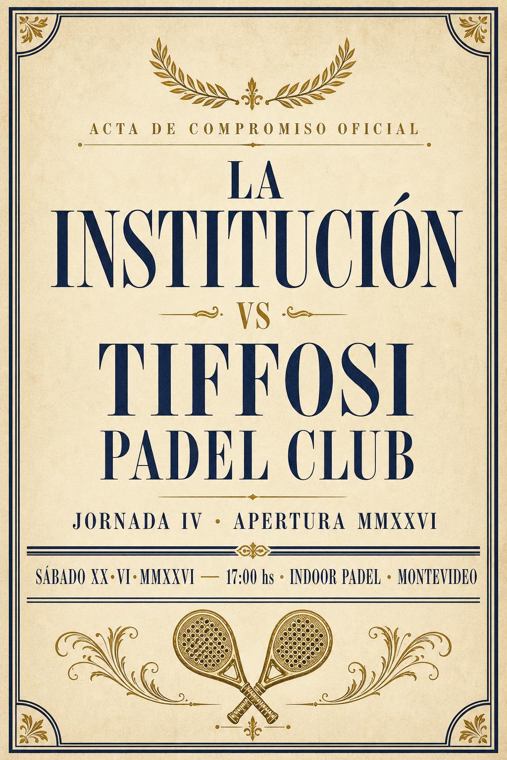 Cartel oficial — La Institución vs Tiffosi Padel Club, Jornada IV, Apertura MMXXVI
